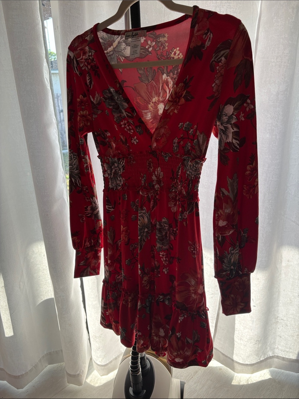 Love Squared Red Floral Smocked-Waist Long Sleeve Dress